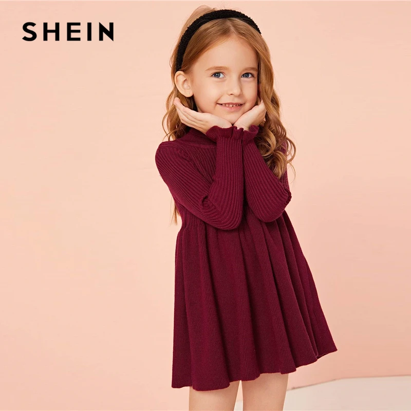 Shein Kiddie Toddler Girls Burgundy High Neck Cute Sweater Dress