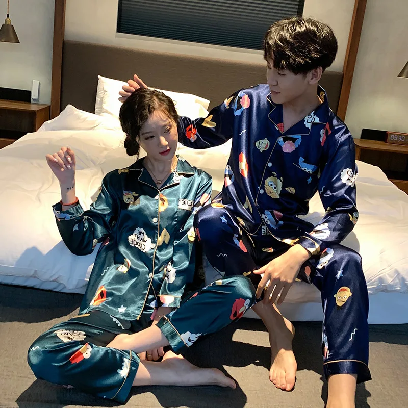 

[Temperature Attitude Warm] Spring Couples Pajamas Imitated Silk Fabric Viscose Cartoon Long-sleeve Suit Men And Women Home Wear