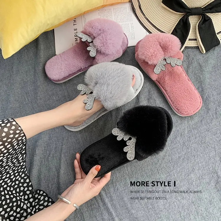 

Slipper Women's Cute Man-made Diamond Fur Slipper plus Velvet Warm Cool Cotton Slippers Indoor Home 2019 Autumn New Style Fashio