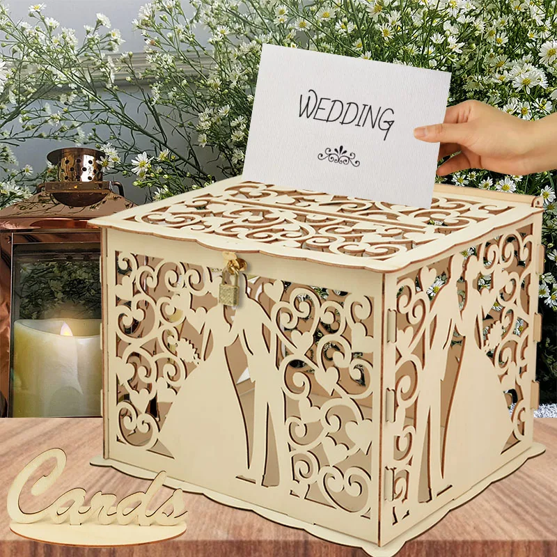 Wooden Wedding Gifts Card Boxes With Lock Mr&Mrs Couple Flower Pattern Envelope Sign Cards Wood Box DIY Rustic Wedding Supplies