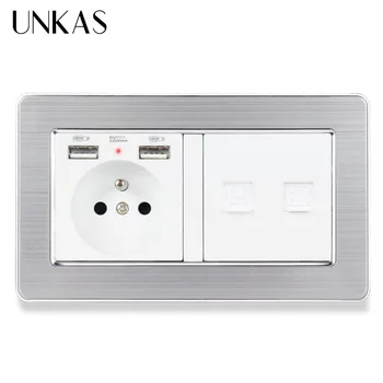 

UNKAS Stainless Steel Panel French Standard Socket with 2 USB Charge Port + RJ45 Internet and RJ11 2 Core Telephone Connector