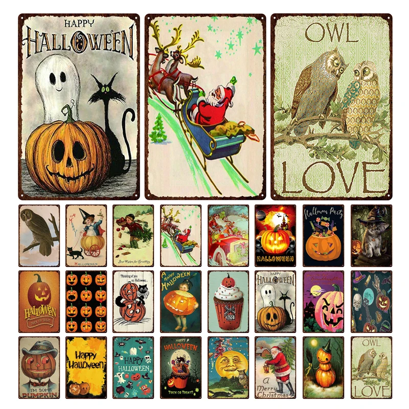 Holiday Celebration Decoration Halloween Pumpkin Owl Ghost Face Lamp Tin Sign Iron Painting Metal Plaque Festival Gift 20*30 Cm | Дом и сад