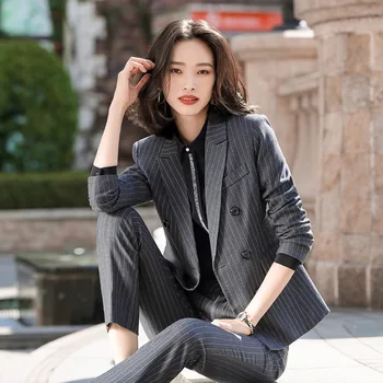 

Fashion Double Breasted Striped Pants Suits Temperament Slim Pant Suits Blazer Jacket Pant Office Lady Two Pieces Set Big Size