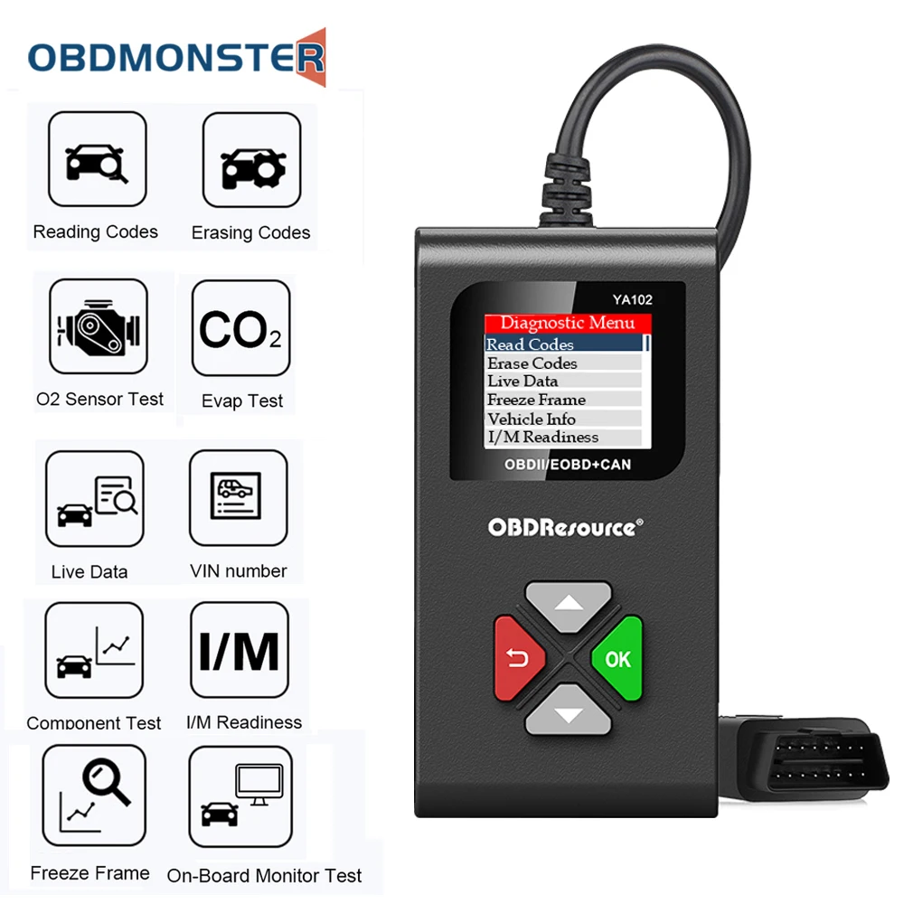 Автомобильный сканер YA102 OBD2 считыватель кодов с поддержкой русского испанского