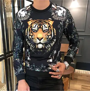 

European and American fashion brand new 3D digital direct printing hot stamping tiger head hoodies men's round neck long sleeve
