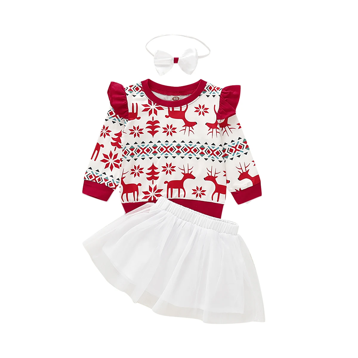 Коллекция года, весенне-осенняя одежда для малышей Комплект из 3 предметов для новорожденных девочек, детские рождественские топы с оленем, штаны/юбка, костюм с повязкой на голову, От 1 до 5 лет - Цвет: B
