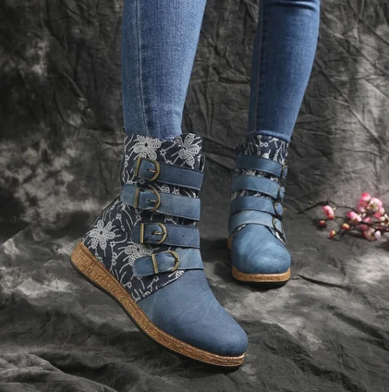 

Vintage Boots Embossed PU Leather Splicing Fancy Pattern Zipper Flat Short Boots Ladies Shoes Women Autumn Winter