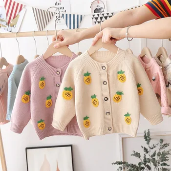 

2020 Autumn Winter Children Kids Long Sleeve O Neck Pineapple Print Knitwear Sweater Girls Casual Cardigans Outerwear Coats