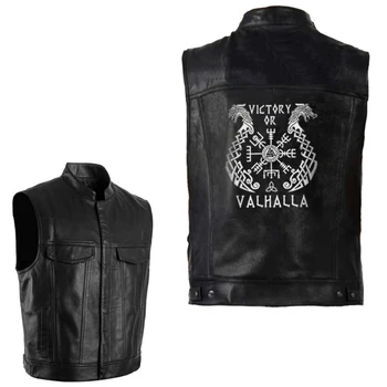 

Odin Vikings Valhalla Viking Leather PU Jacket Vest Mens Sleeveless Punk Pocket Cool Black Motorcycle Waistcoat Coats Streetwear