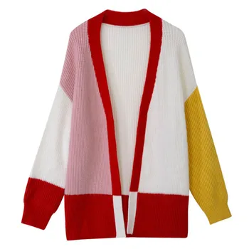 

Sweater Women Lady's Long Sleeve Patchwork Colorblock Casual Cardigan Autumn Long Coat Wholesale Free Ship кофта женская Z4