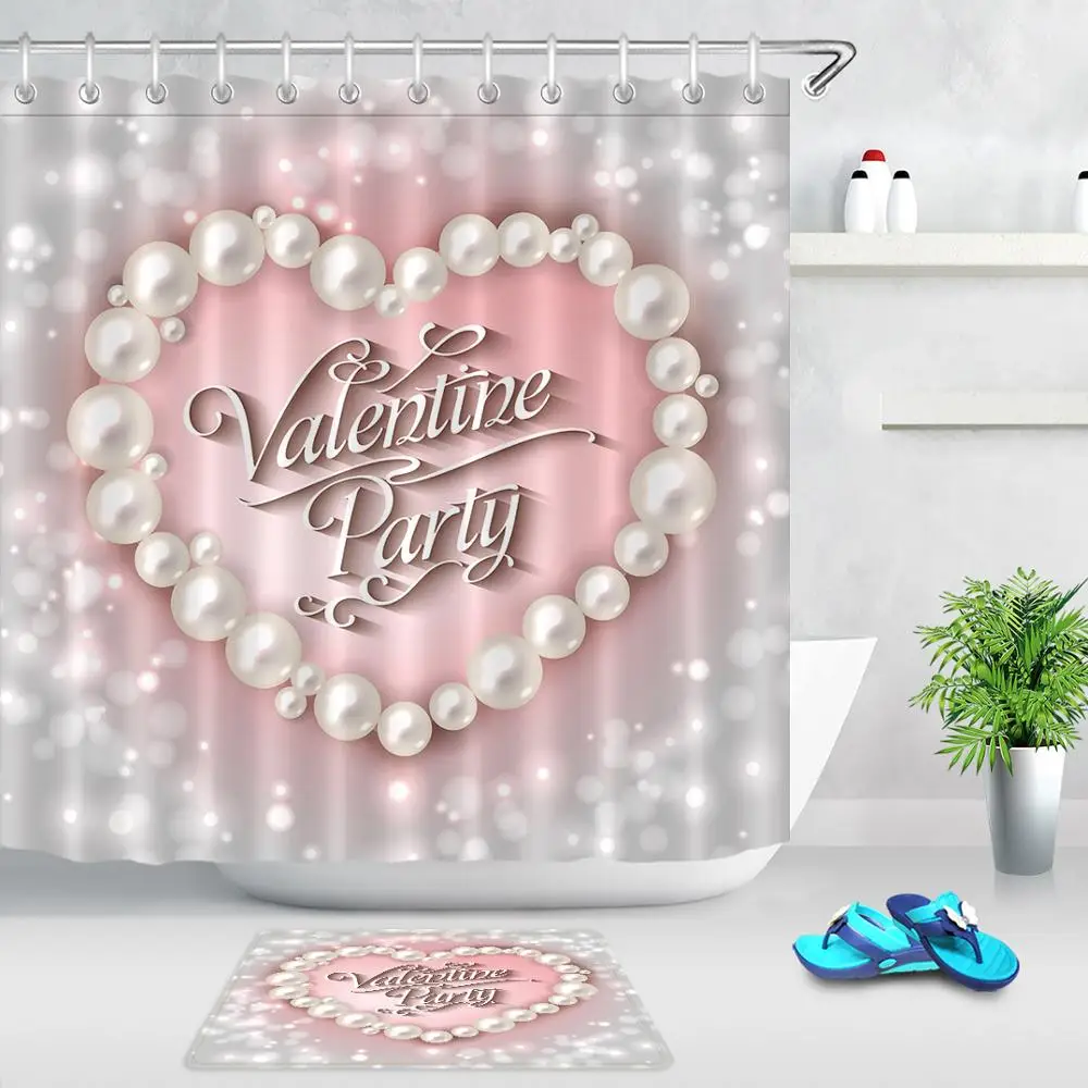 Valentine's Day Waterproof Shower Curtain Heart Shaped White Pearl Light Spot Bathroom Curtains Romantic Bath With Hooks | Дом и сад