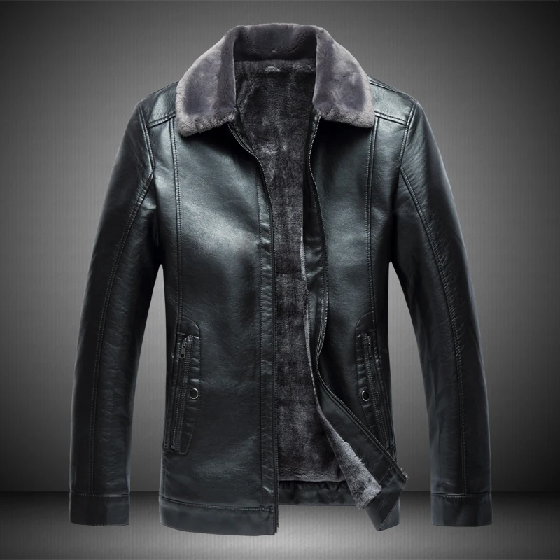 Men's PU Leather Jacket Winter Plus Velvet Thickening Business Men's Slim Jacket, Plus Fertilizer XL Lapel Warm Leather Jacket