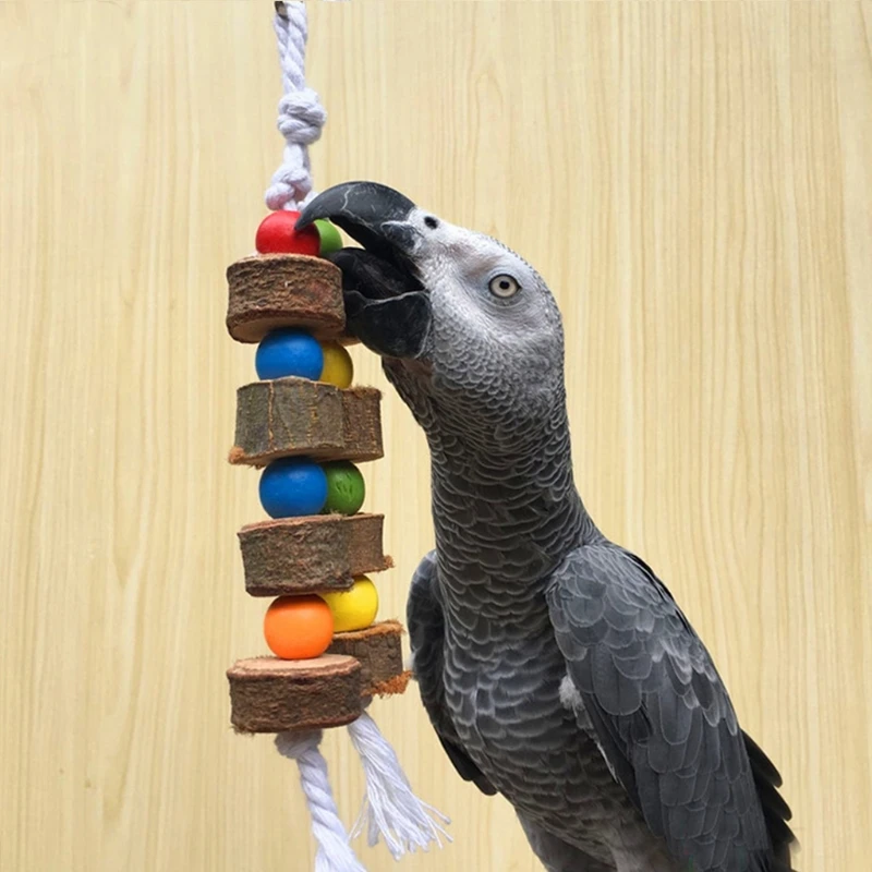 Natural Wooden Birds Parrot Colorful Toys Chew Bite Hanging Cage Balls Two Ropes T8WE