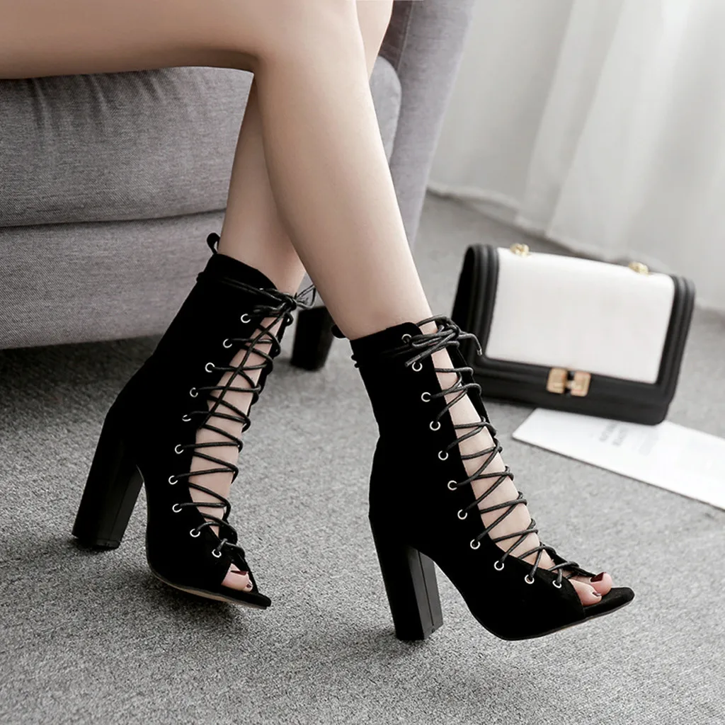 Женские пикантные ботинки обувь в готическом стиле на высоком каблуке Модные женские дышащие Вечерние туфли на высоком каблуке со шнуровкой с открытым носком римские сандалии# g3A