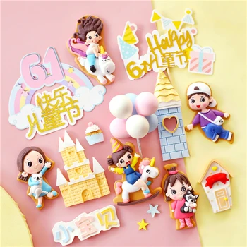 Веселая игровая площадка, замок, глина, мальчик, девочка, детский Топпер для торта «С Днем Рождения», Детские вечерние принадлежности, розов...