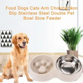 

Easy Clean Non Slip Prevent Obesity Dogs Cats Stainless Steel Anti Choking Home Slow Feeder Leakproof Double Pet Bowl Portable