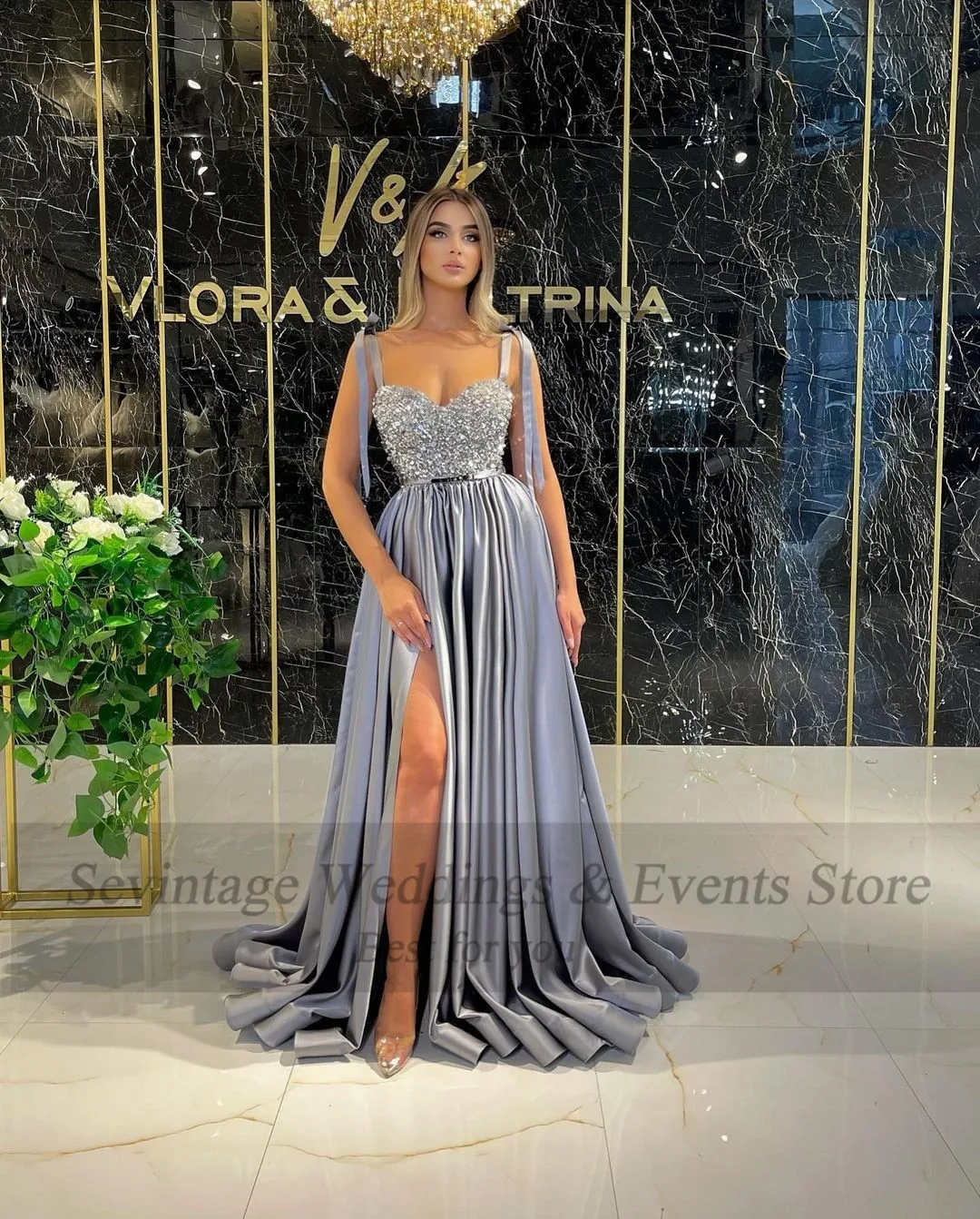 Sevintage Silver Satin Sequines Prom 