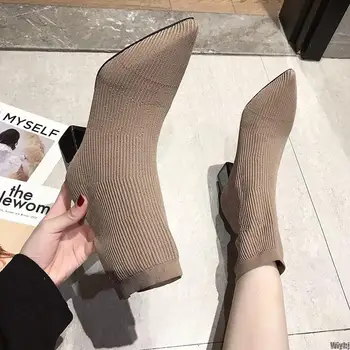 

New Black Khaki Knitted Elastic Socks Boots Chunky High Heel Ankle Boots Women Pointed Toe Elegant Short Boots Women