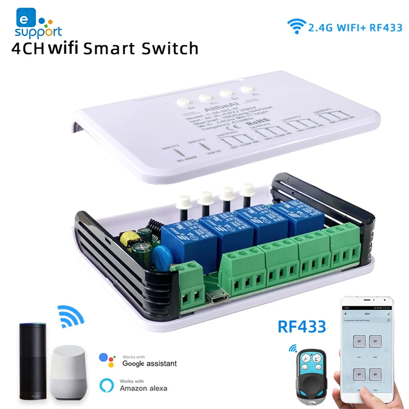 eWeLink Wifi 4CH Smart Home Motor Controller Switch,DC 12V 24V 32V 110V 220V,4 Channel Relay,Alexa Google RF433 Remote Control