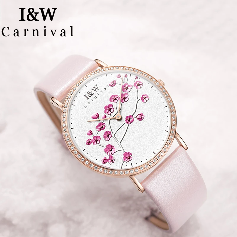 

I&W Top Brand Luxury Diamond Quartz Watch Women Carnival Ladies Plum Emboss Watches Waterproof Wristwatch Clock bayan kol saati