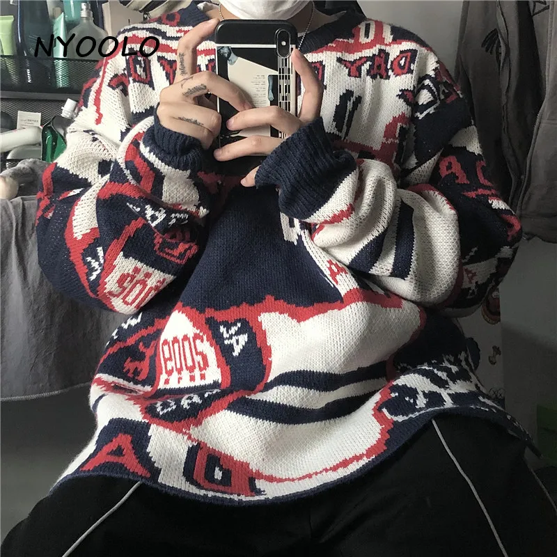 NYOOLO Harajuku, винтажные уличные рождественские вязаные свитера в стиле пэчворк, Осень-зима, пуловер с длинным рукавом и круглым вырезом, свитер для женщин и мужчин