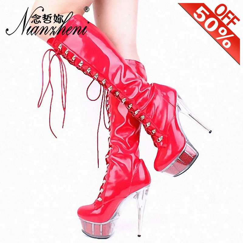 

Sexy Patent leather Round toe Crystal Platform 15cm High heeled shoes Women's 6 inches Thigh high boots Nightclub Pole Dance New