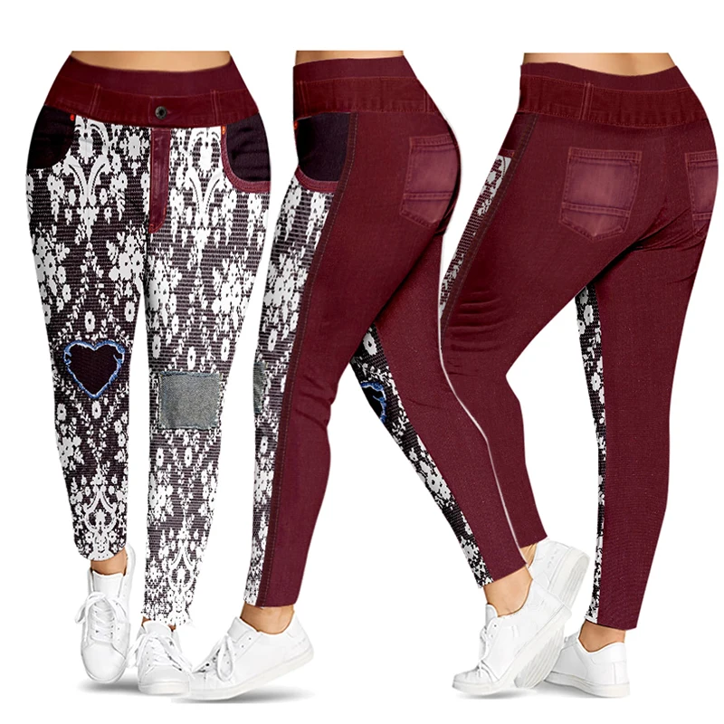 Style 1 Red Wine Wipalo, S-5XL размера плюс, 3D принт, кружевные Джинсовые леггинсы, полная длина, леггинсы для тренировок, штаны, средняя эластичная талия, обтягивающие женские брюки-карандаш - Цвет: Style 1 Red Wine