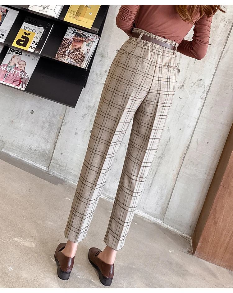 JUJULAND Stretchy Plaid Pencil Pants Women Casual Autumn Women Trousers Elastic Waist Tweed Slant Elegant 7232