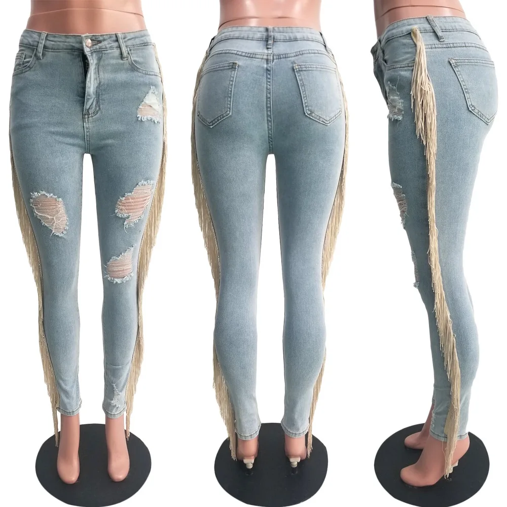 Повседневные потертые джинсы с кисточками, женские новые осенние узкие джинсы с высокой талией, Стрейчевые джинсовые штаны с дырками, женские брюки, уличная одежда, джинсовые штаны