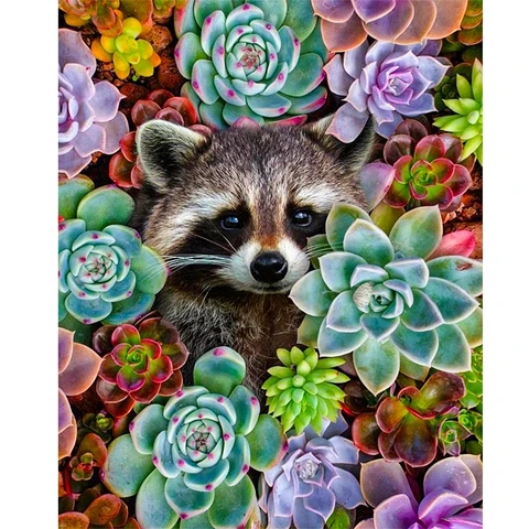 5D Diamond Painting Succulent Plants Full Drill Square Round Embroidery Raccoon Animal Mosaic Art Picture of Rhinestones