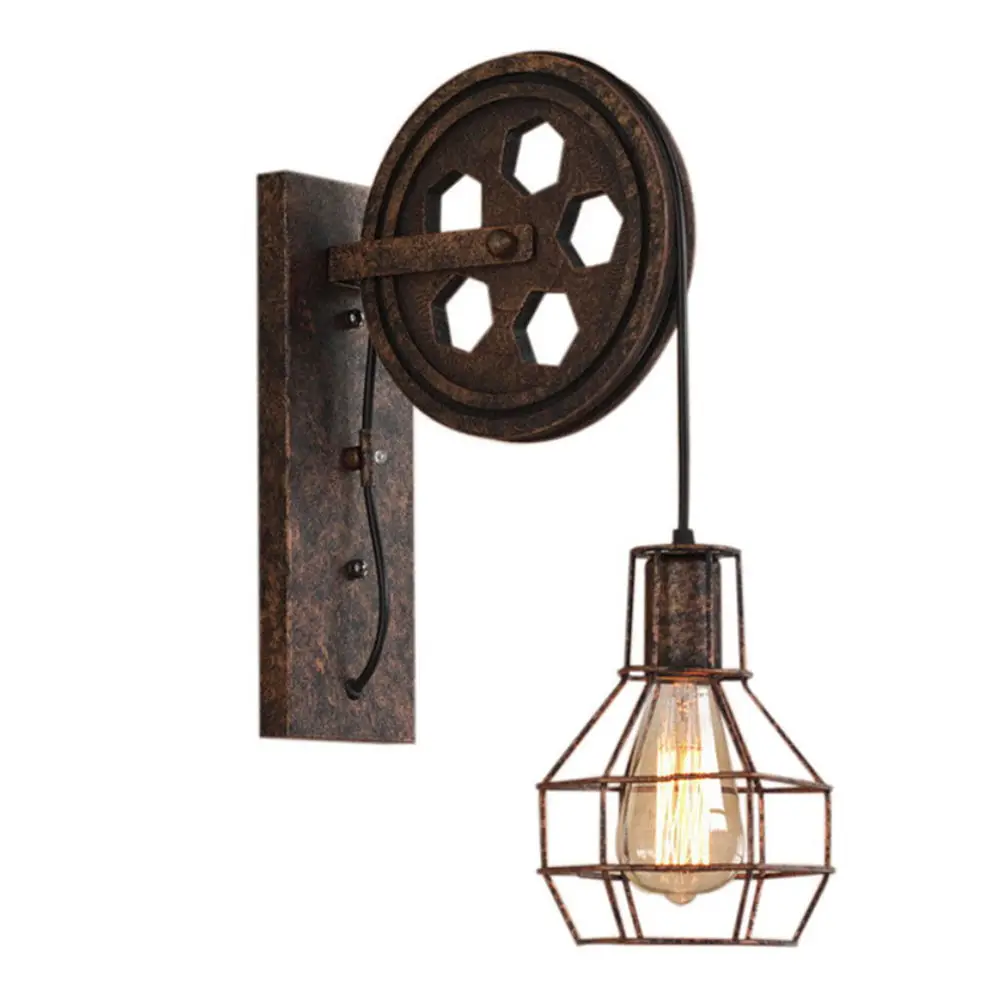 Vintage Rustic Wrought Iron Pulley Wall Light Porch Cage Wall Mount Lamp Sconces 