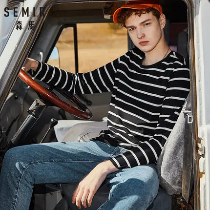SEMIR мужская полосатая футболка с длинным рукавом для мужчин из хлопка, Классическая трикотажная рубашка в рубчик с круглым вырезом, топ в повседневном стиле - Цвет: Black and White Tone