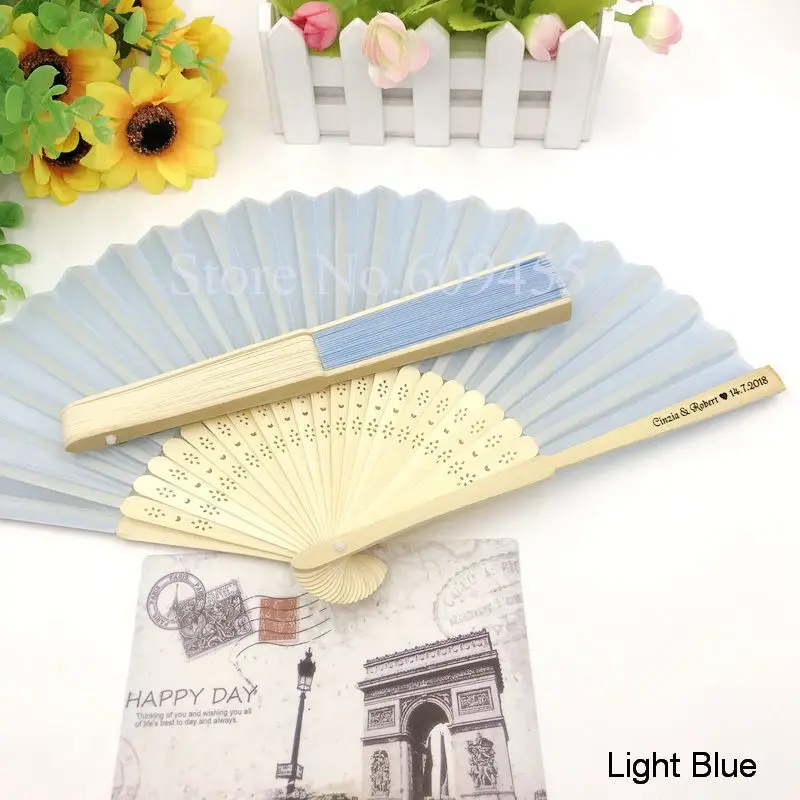 light blue 250 шт./лот, персонализированные свадебные сувениры, печать логотипа, ручная работа, бамбуковый вентилятор, складной подарок, веер, вечерние украшения - Цвет: light blue