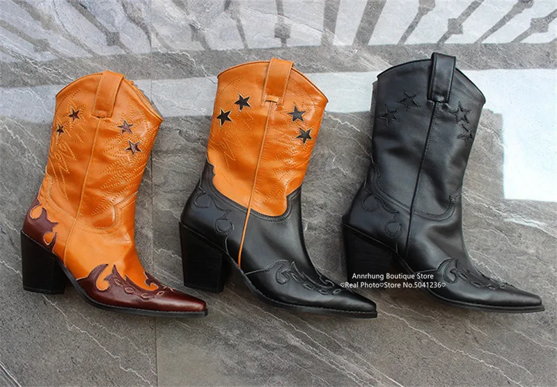 Mixed Color Patchwork Boots Women Sewing Star Catwalk Mid-Calf Boots Fashion Pointed Toe Flame Cut Western Booties Botas