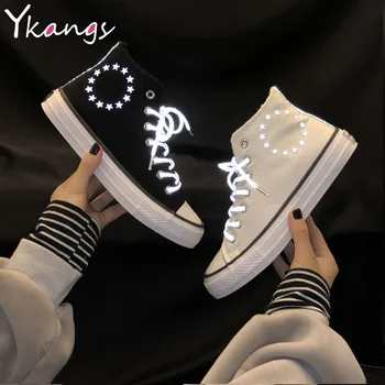 

High-top canvas shoes female new students ins wild white shoes stars lace-up autumn shoes 2020 Summer New reflective tide shoes