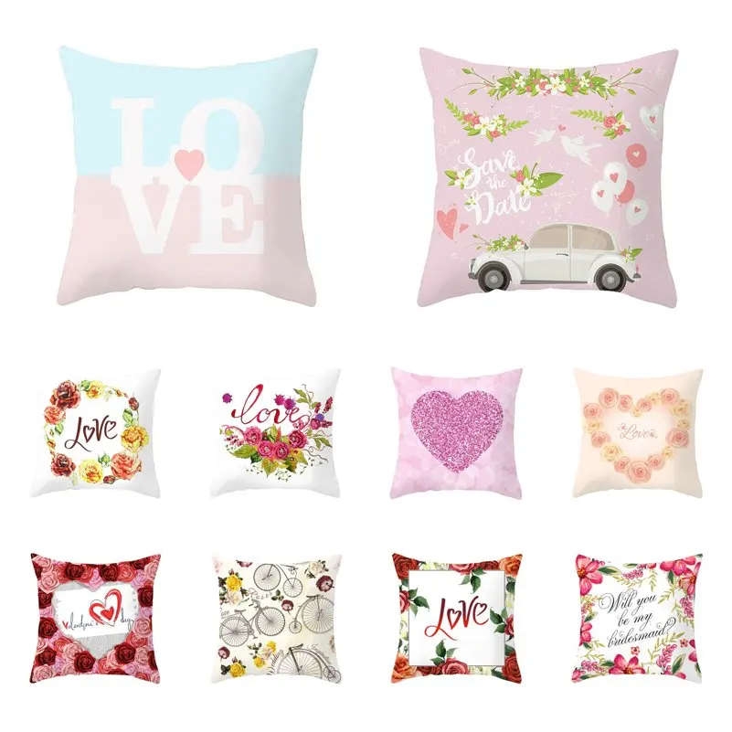 Letter Love Flowers Valentines Cushion Covers Polyester Throw Pillow Cover Sofa Home Bedroom Decorative Pillow Case 45x45cm Q480