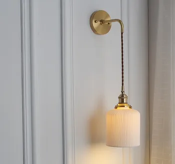 

Japanese brass ceramic wall lamp new Chinese Nordic Wall Light bedroom bedside lamp retro corridor porch mirror front White Gold