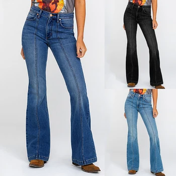 

Flare Jeans For Women High Waist Stretch Long Jeans With Pocket Female Slim Fashion Denim Pants Solid Casual Vintage Trousers