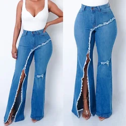 Nova chegada das mulheres elástico rasgado jeans senhora rua estilo denim calça/calças jeans rasgados para mulher calça jeans feminina