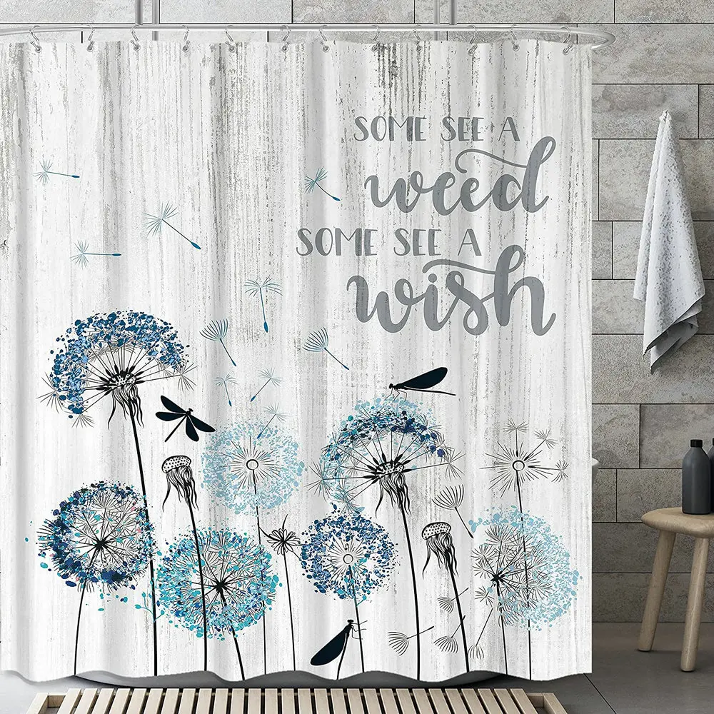

Занавеска для душа с синим одуванчиком и цветами, винтажная деревянная доска в деревенском стиле, стрекоза, весенний цветочный креативный водонепроницаемый экран для ванной комнаты