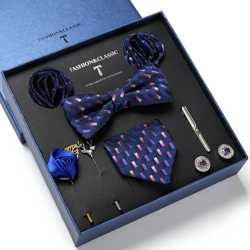 Brand 100% Silk Men's Tie Set Neck Tie pocket square Luxury Gift Box Silk Tie Necktie Set 8pcs Inside Packing Festive Present Cravat Pocket Squares