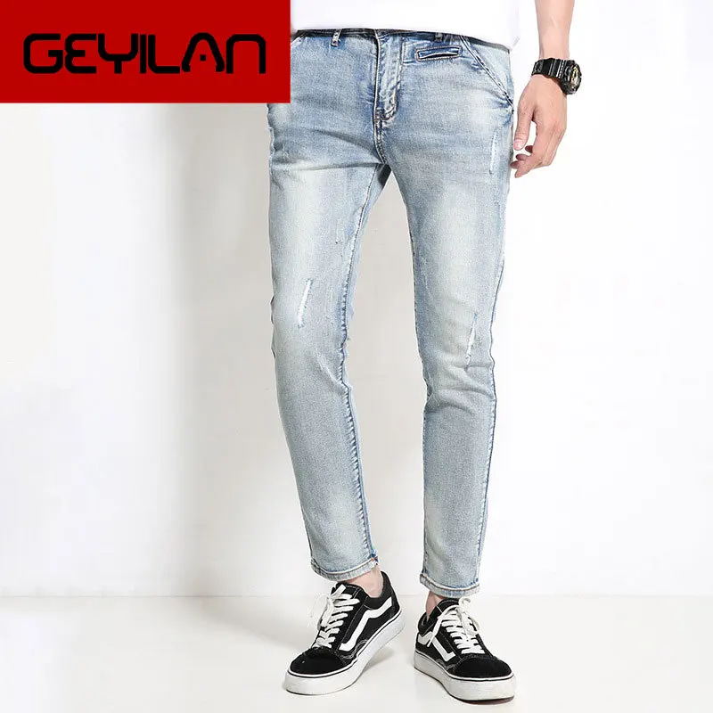 

2020 Summer New Korean jeans Men's Mid-rise Micro-Elastic Straight jeans Men's Light Blue jeans More Size 28-34