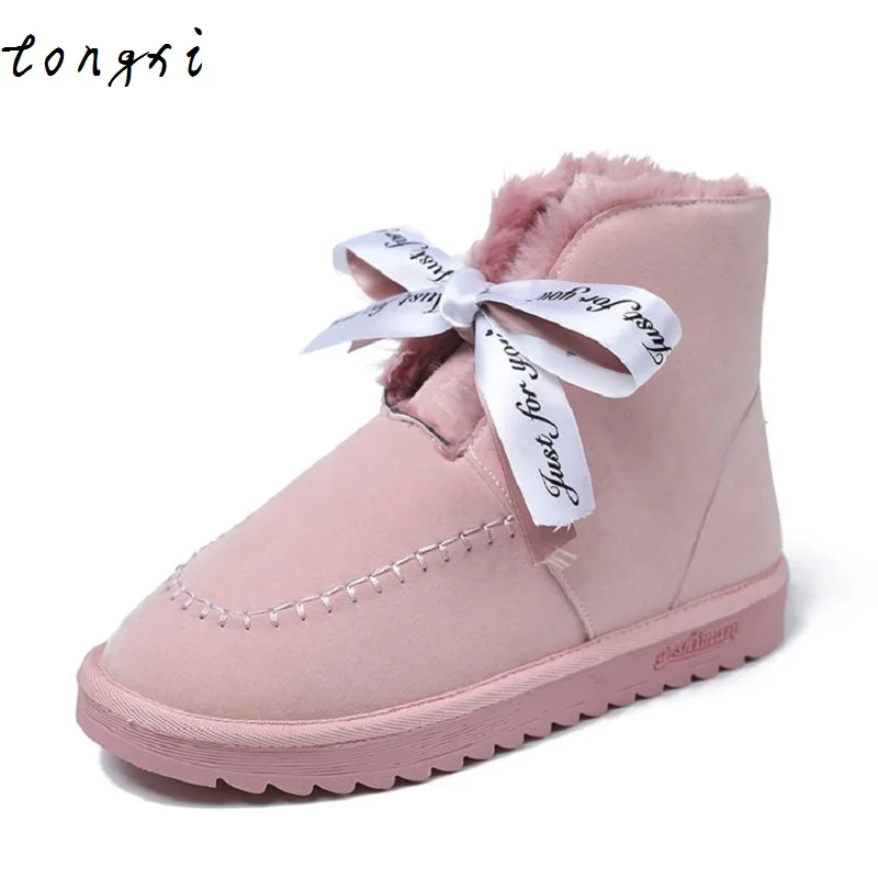 

Women Snow Boots Winter Fur Ankle Boot Female Bowtie Warmer Plush Suede Rubber Flat Slip On Fashion Platform Ladies Shoes