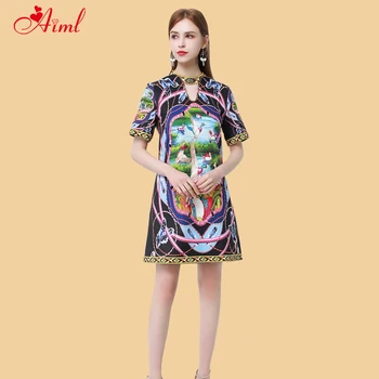 

Designer 2020 Female Summer Chest cutout Duck Print Short sleeve Diamond Mini Dress New Holiday Elegant Dresses Robe Feminine