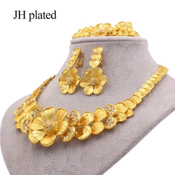 

Jewelry sets Dubai 24K Gold color Ornament for women flowers necklace earrings bracelet ring African wedding gifts jewellery set