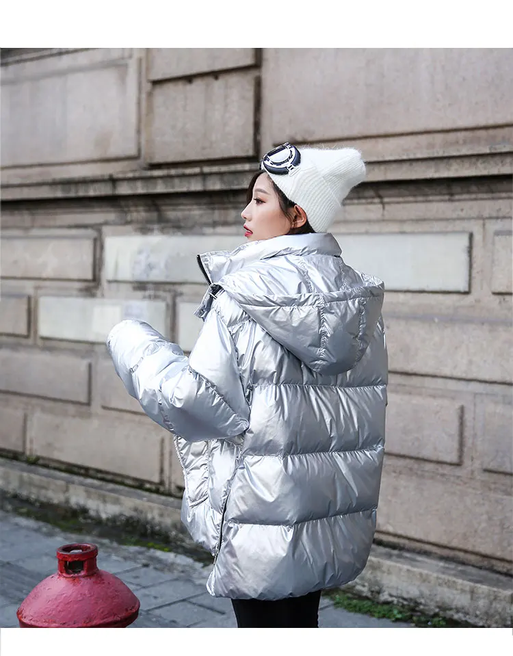 Модное зимнее пальто, женская парка, глянцевый пуховик, Женское пальто с капюшоном, свободное, короткое, на подкладке, куртка для девушек
