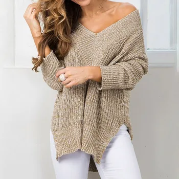 

Feitong Casual Loose Feminine Fashion Soft Thin Women Sweater Solid Color V-Neck Knitting Long Sleeve Loose Blouse
