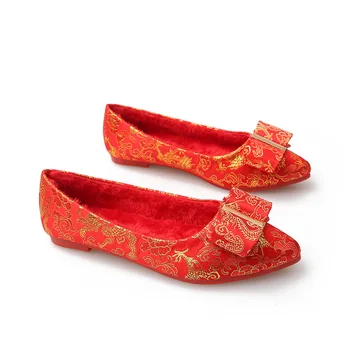 

Large Size Women's Wedding Cloth Shoes Pointed Toe Lady Ballet Flats Casual Bow Low Heel Slip On Flats Red Shoes Zapatos Mujer
