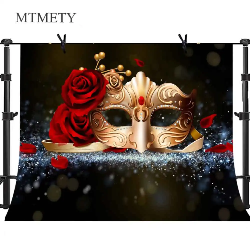

MTMETY Masquerade Backdrops Golden Mask Red Rose Photography Background Vinyl Dress-up Carnival Party Photo Booth Props