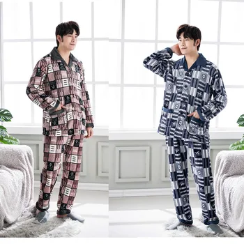 

Flannel Men's Autumn And Winter New Style Extra-large Plaid Coral Velvet Mink Cashmere Warm Homewear Set Pajamas
